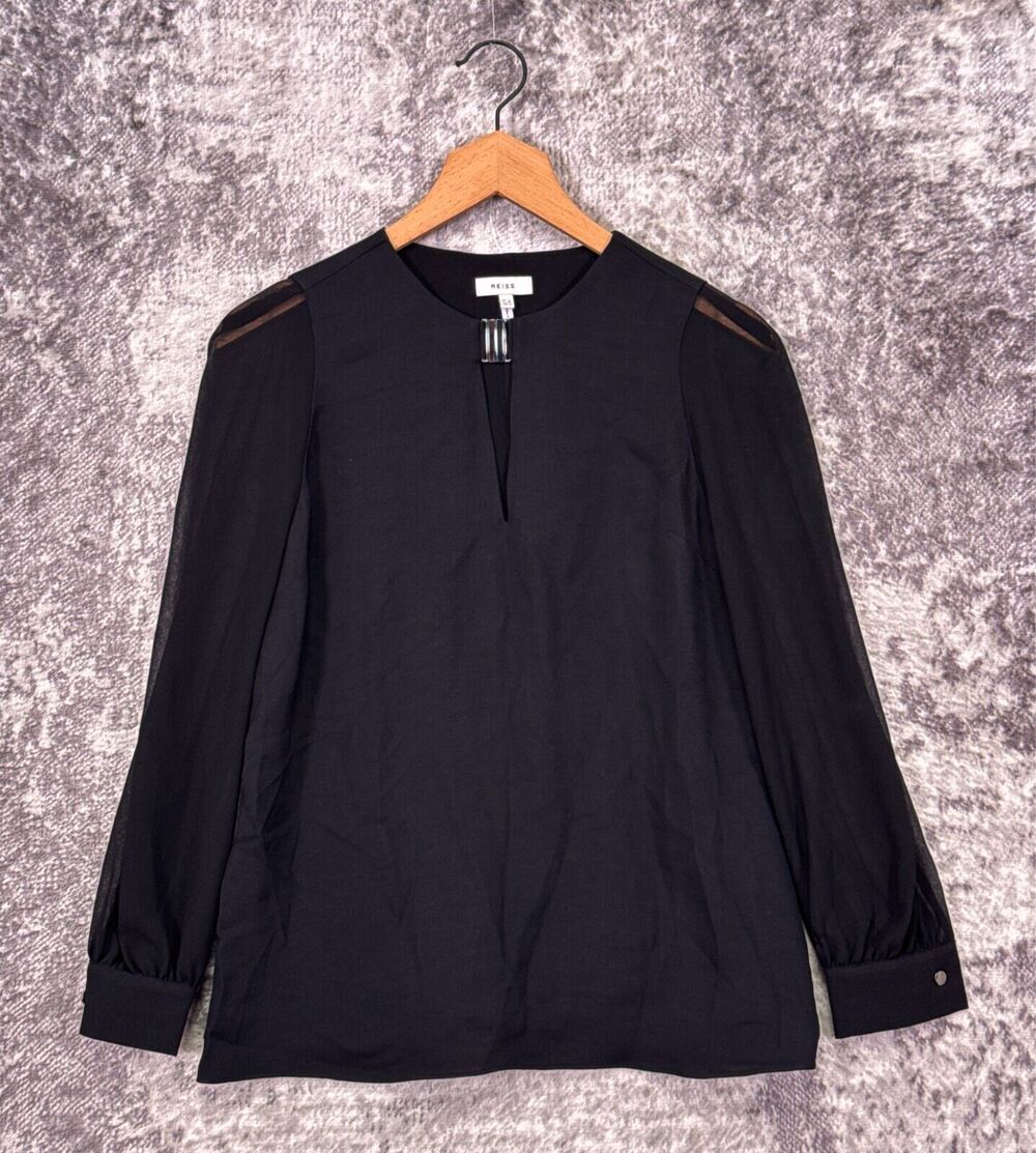 REISS Blouse 0 Womens Black Chiffon Sheer Sleeve Clasp Front Top